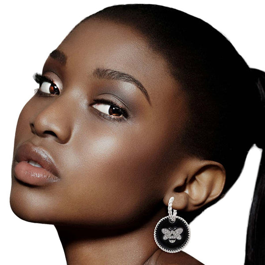 Black Bee Charm Twisted Silver Hoops|1.65 inches - Premium Wholesale Jewelry from Pinktown - Just $14! Shop now at chiquestyles