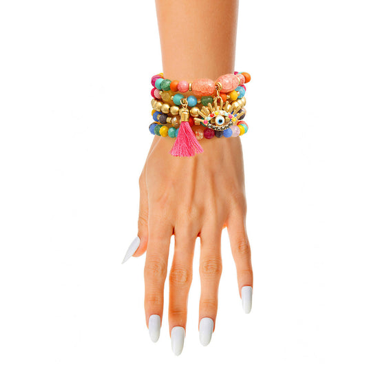 Matte Gold Rainbow Evil Eye Bracelets|Stretch to Fit - Premium Wholesale Jewelry from Pinktown - Just $14! Shop now at chiquestyles
