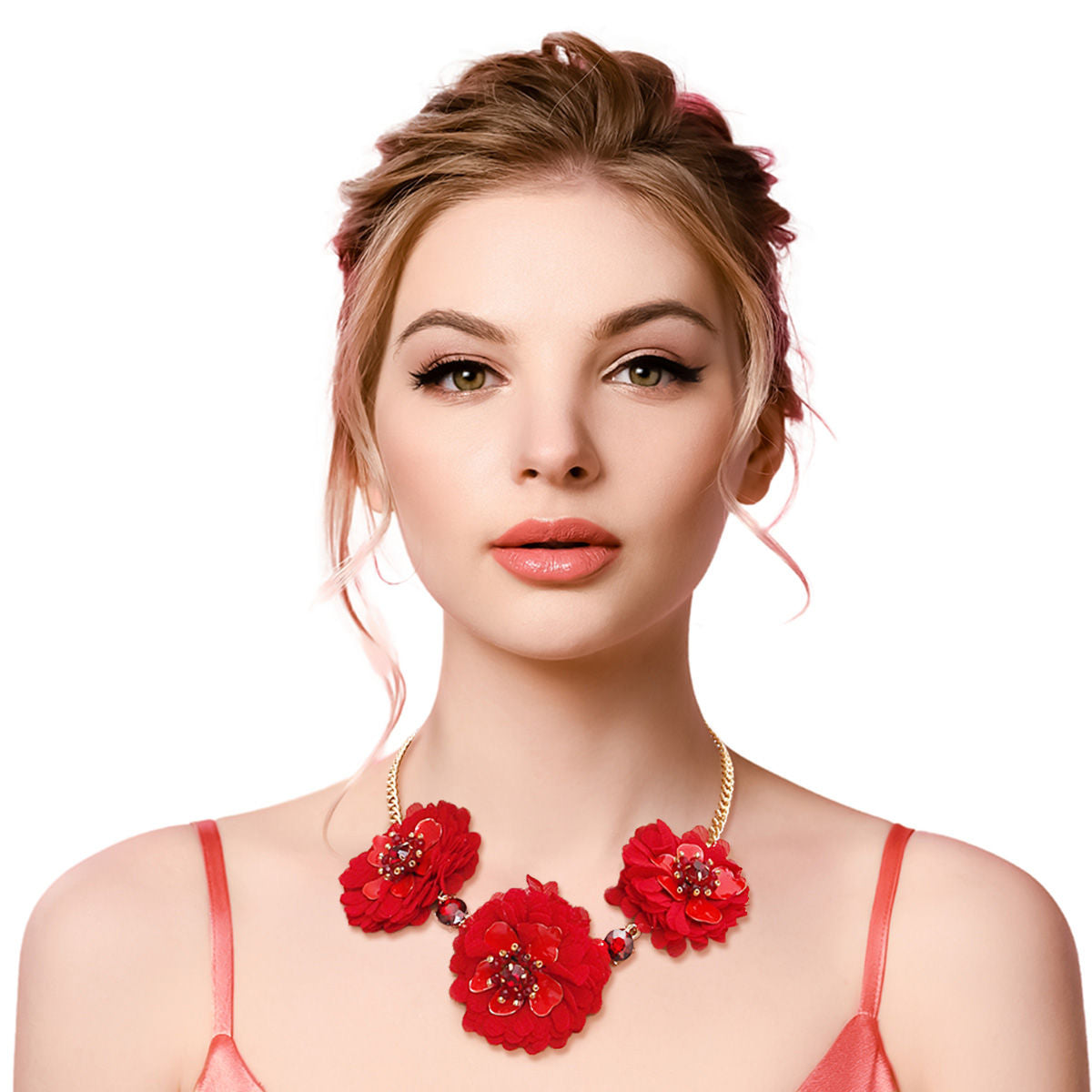 Red Fabric Flower Necklace Set|18 inches - Premium Wholesale Jewelry from Pinktown - Just $15! Shop now at chiquestyles