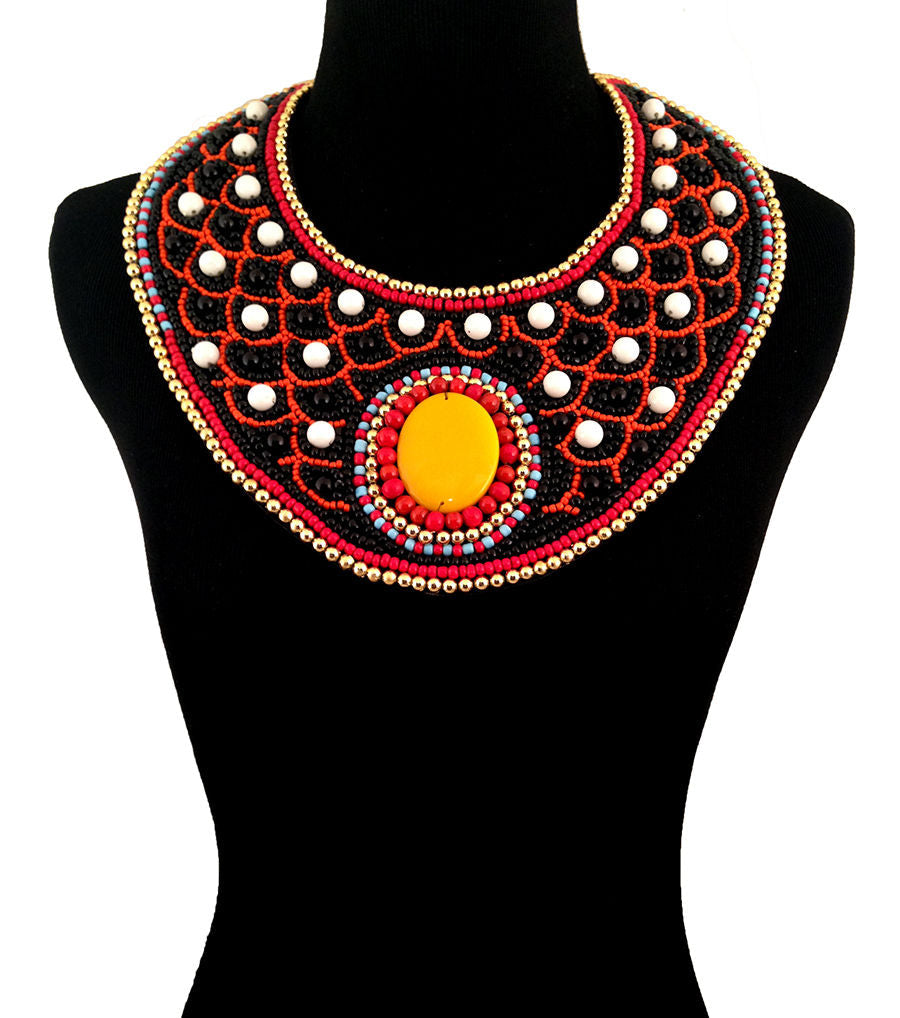 Multi Color with Black and White Bead Embroidered Bib Necklace Set|20 inches - Premium Wholesale Jewelry from Pinktown - Just $65! Shop now at chiquestyles