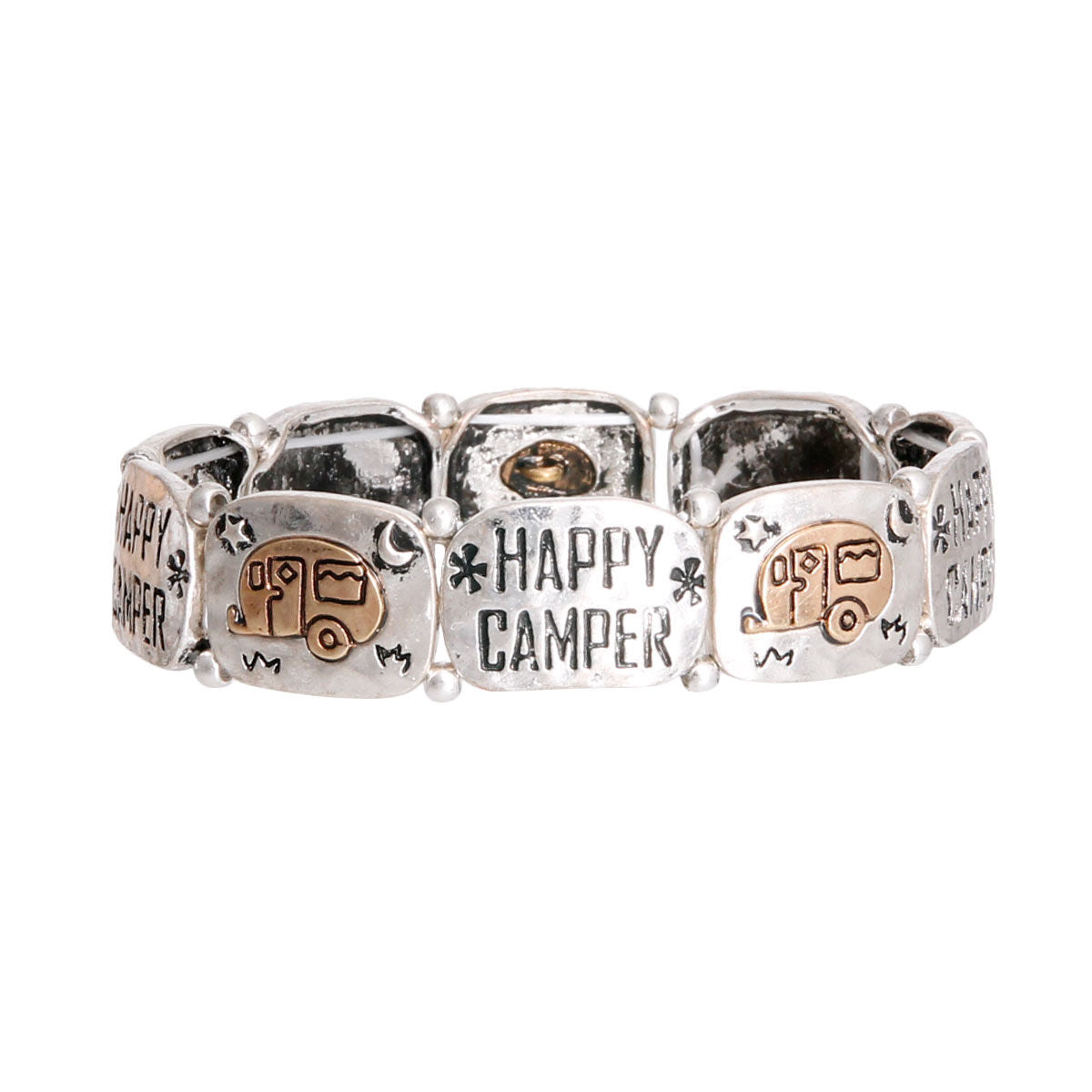 Mixed Metal Happy Camper Engraved Bracelet|Stretch to Fit - Premium Wholesale Jewelry from Pinktown - Just $11! Shop now at chiquestyles