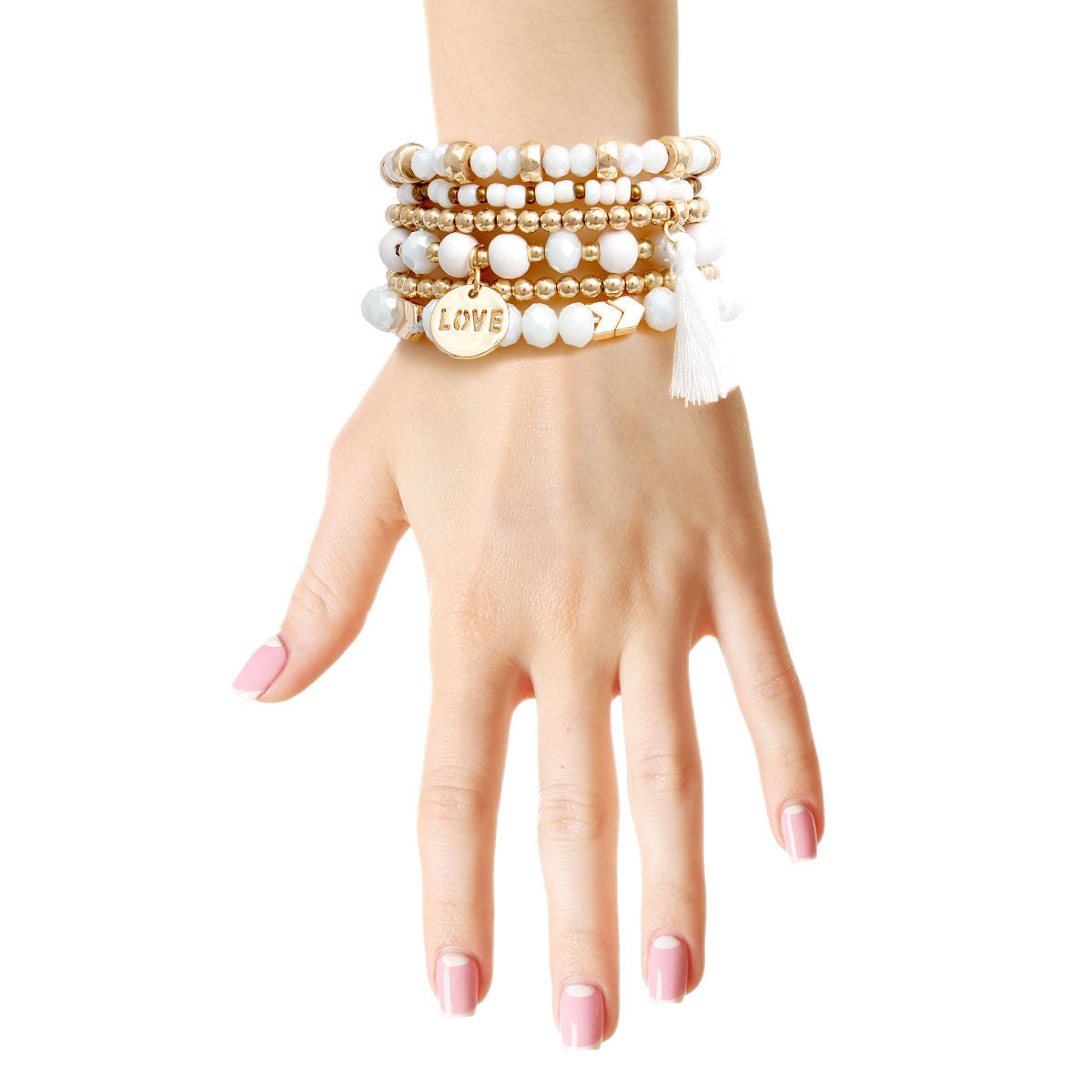 White Glass Love 6 Pcs Bracelets|Stretch to Fit - Premium Wholesale Jewelry from Pinktown - Just $13! Shop now at chiquestyles