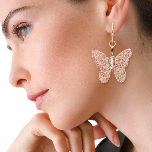 Rose Gold Dipped Real Leaf Butterfly Earrings|1.65 inches - Premium Wholesale Jewelry from Pinktown - Just $9! Shop now at chiquestyles