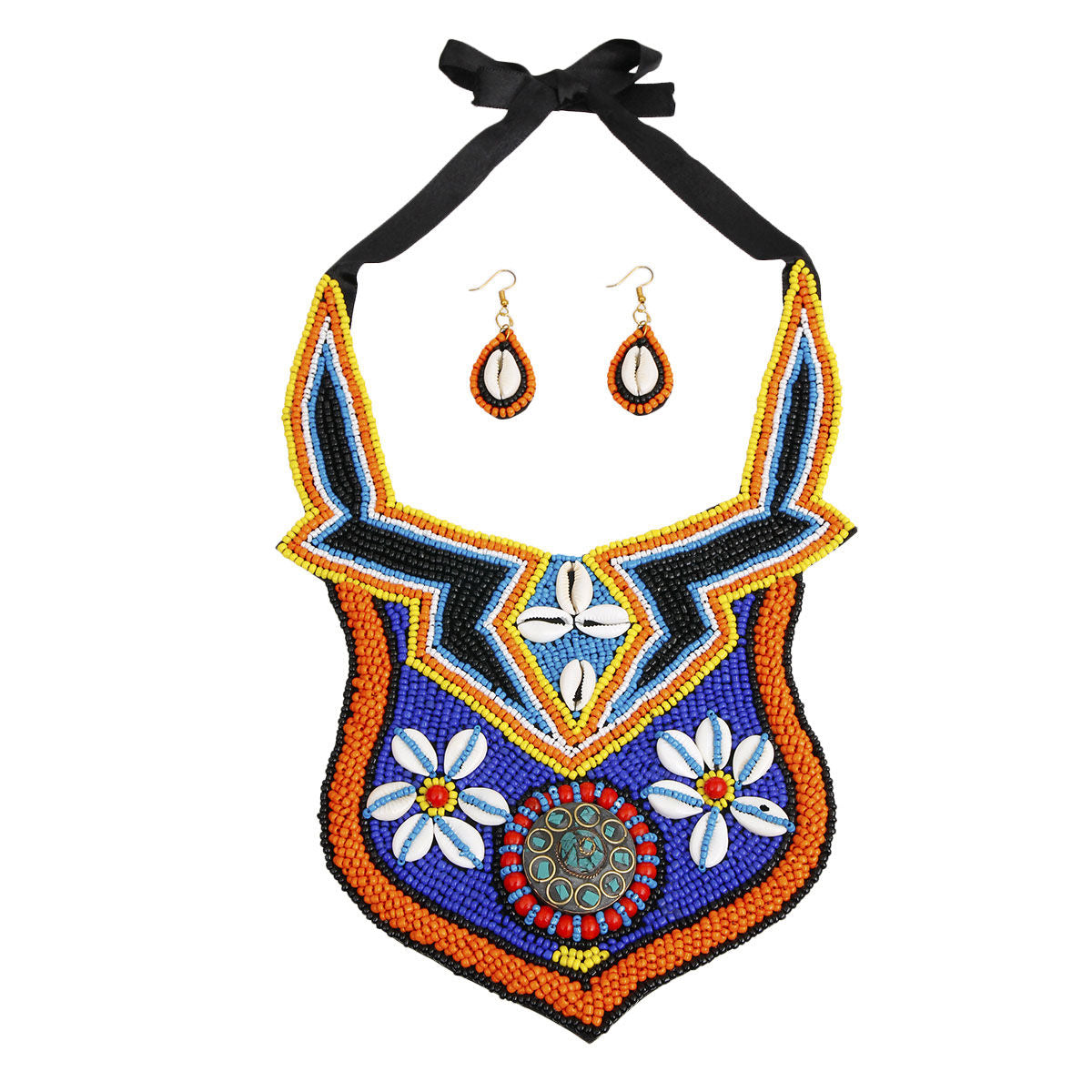 Multi Color Bead Bib Necklace Set with Cowrie Shell and Mosaic Detail|18 inches - Premium Wholesale Jewelry from Pinktown - Just $52! Shop now at chiquestyles