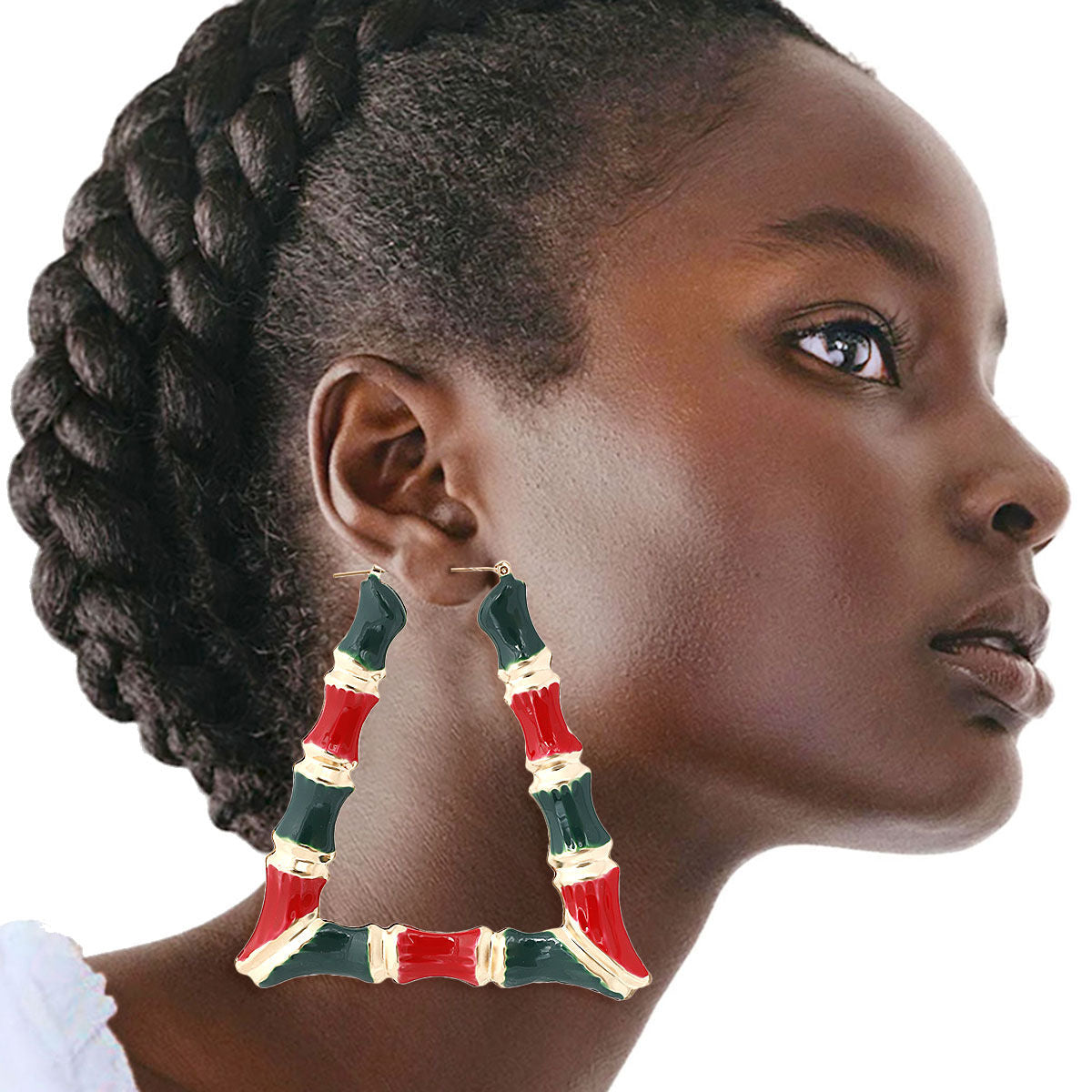 Red and Green Trapozoid Bamboo Hoops|3.25 inches - Premium Wholesale Jewelry from Pinktown - Just $13! Shop now at chiquestyles