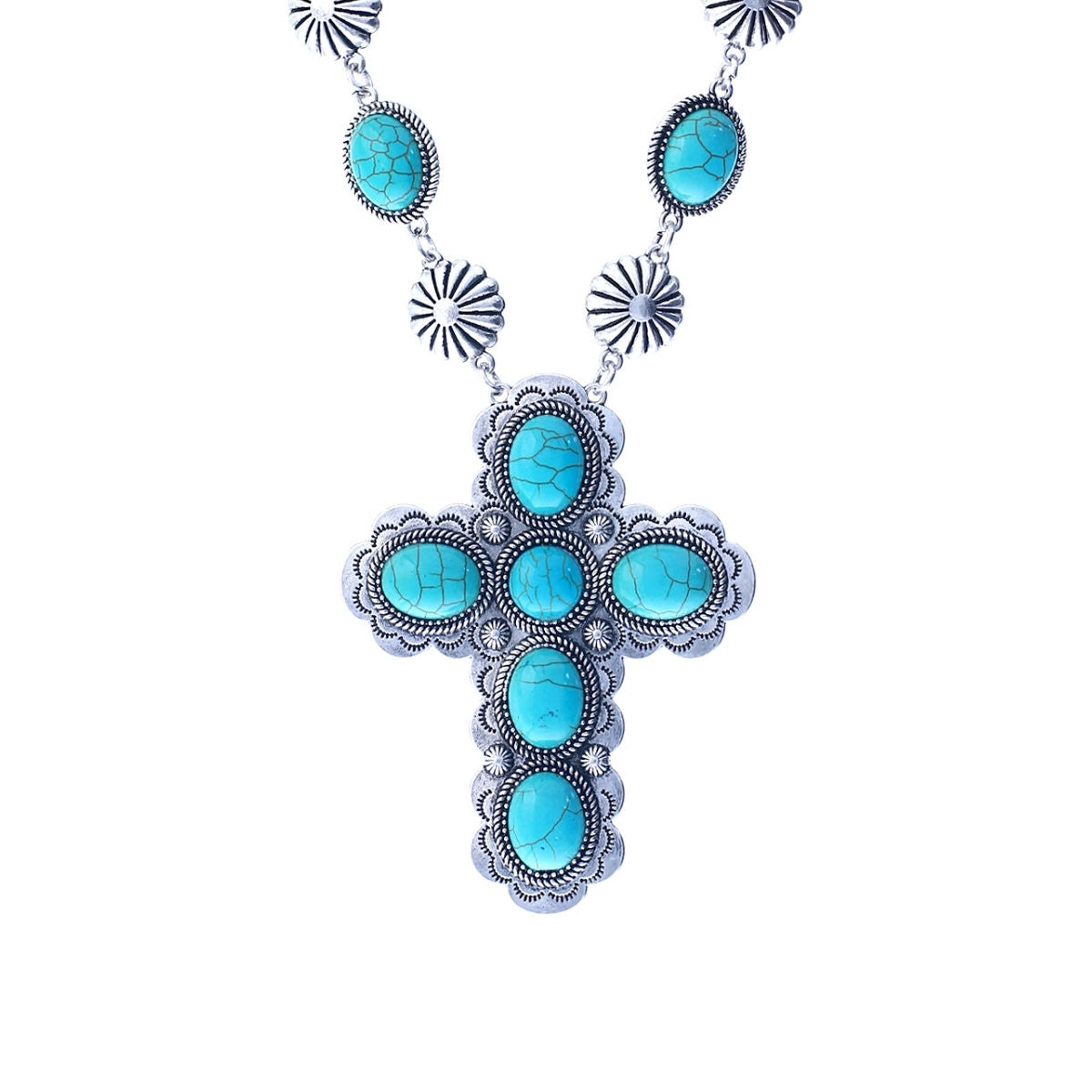 Turquoise Stone Silver Cross Necklace - Premium Wholesale Jewelry from Pinktown - Just $19! Shop now at chiquestyles