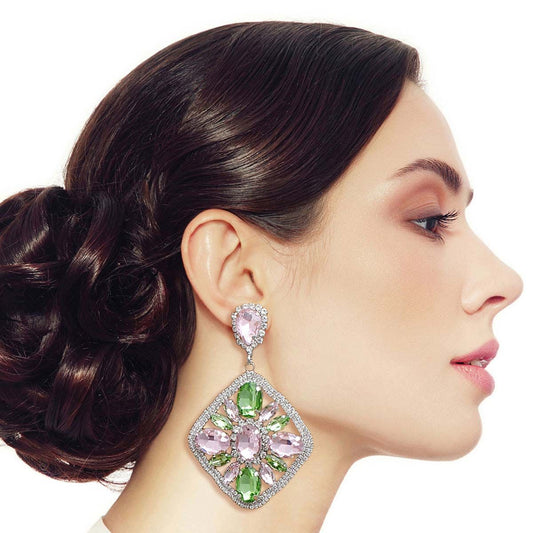 Light Pink Green Glass Crystal Diamond Earrings|3.25 inches - Premium Wholesale Jewelry from Pinktown - Just $22! Shop now at chiquestyles