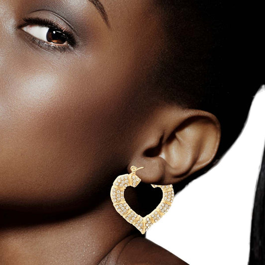 Gold Bling Heart Bamboo Hoops|1.5 inches - Premium Wholesale Jewelry from Pinktown - Just $12! Shop now at chiquestyles