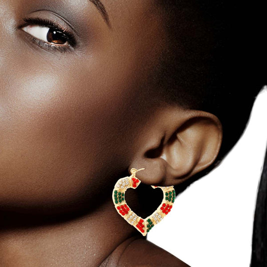 Red and Green Bling Heart Bamboo Hoops|1.5 inches - Premium Wholesale Jewelry from Pinktown - Just $12! Shop now at chiquestyles