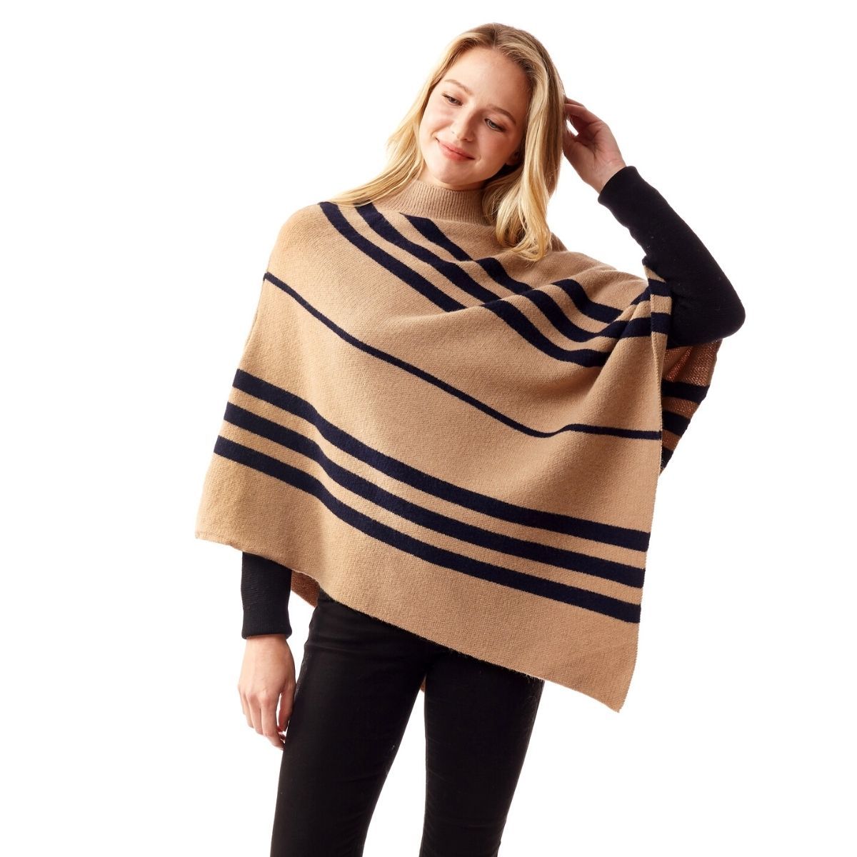Beige Stripe Turtleneck Poncho|25.6 x 25.6 inches - Premium Wholesale Boutique Clothing from Pinktown - Just $41! Shop now at chiquestyles