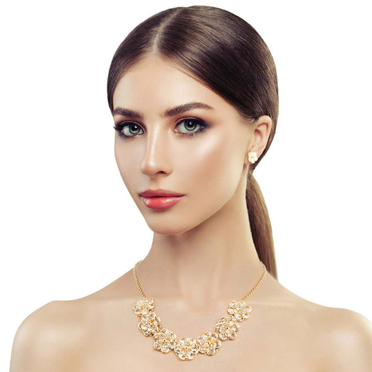 Gold Glass 3D Flower Collar Set|18 inches - Premium Wholesale Jewelry from Pinktown - Just $16! Shop now at chiquestyles