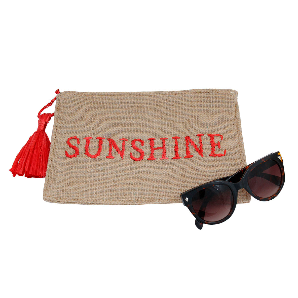 Burlap Clutch with Red Raffia SUNSHINE Stitching|11 x 7.5 inches - Premium Wholesale Fashion Accessories from Pinktown - Just $25! Shop now at chiquestyles