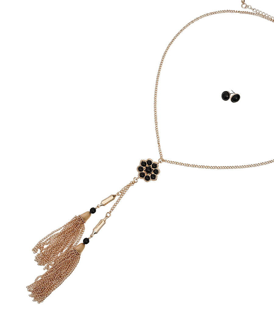 Long Gold Tassel Necklace with Black Flower|30 inches - Premium Wholesale Jewelry from Pinktown - Just $7! Shop now at chiquestyles