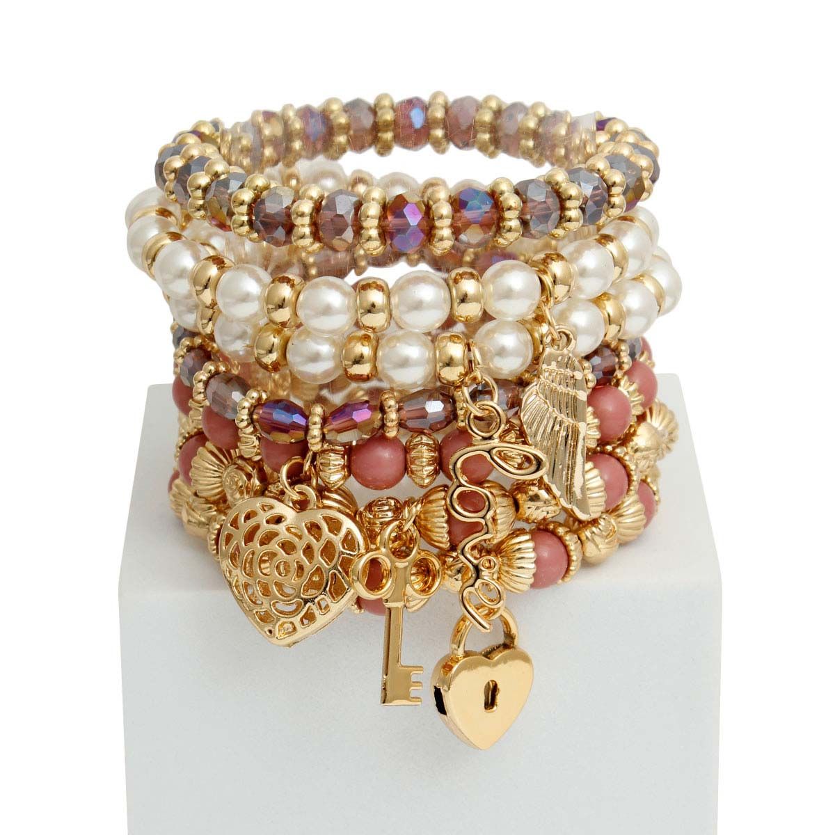 Mauve and Pearl Love Charm Bracelets - Premium Wholesale Jewelry from Pinktown - Just $14! Shop now at chiquestyles