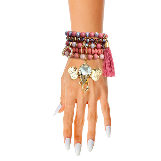 Mauve Bead Elephant Charm Bracelets|Stretch to Fit - Premium Wholesale Jewelry from Pinktown - Just $14! Shop now at chiquestyles