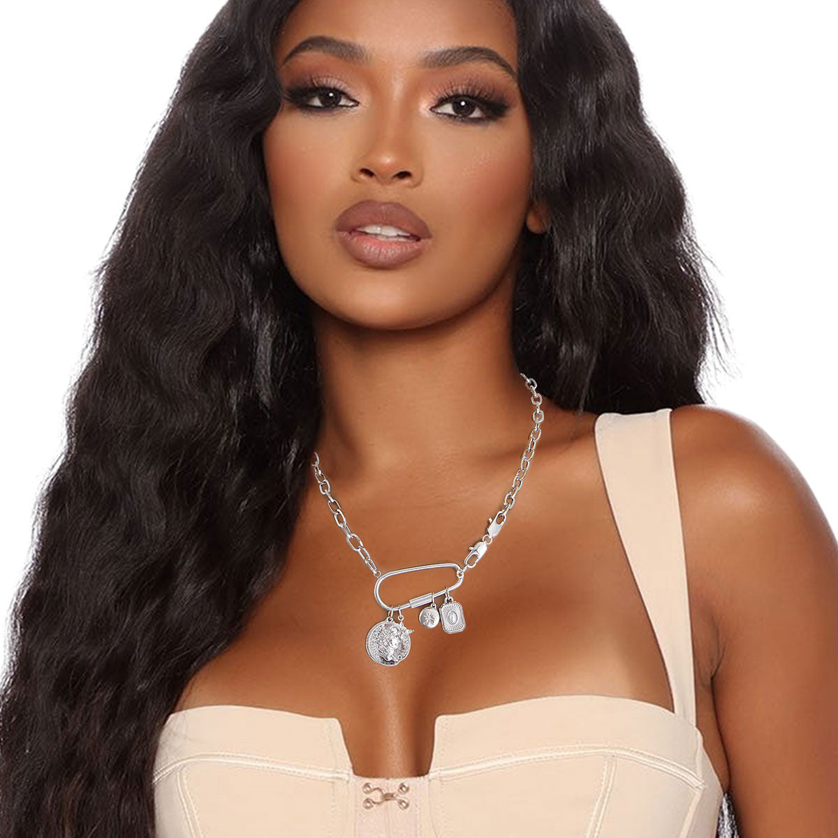 Silver Coin Screw Carabiner Chain|20 inches - Premium Wholesale Jewelry from Pinktown - Just $14! Shop now at chiquestyles