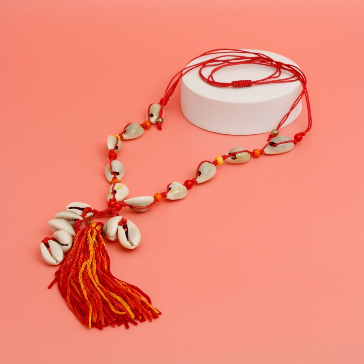 Red String and Cowrie Shell Long Tassel Necklace|30 inches - Premium Wholesale Jewelry from Pinktown - Just $16! Shop now at chiquestyles
