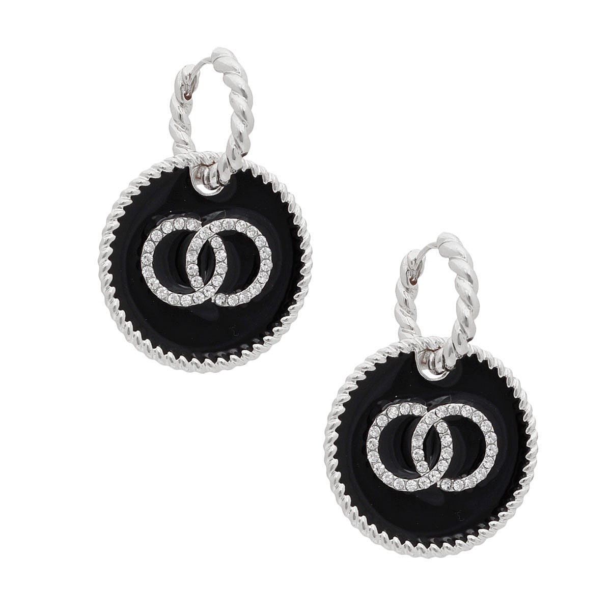 Black Infinity Charm Twisted Silver Hoops|1.65 inches - Premium Wholesale Jewelry from Pinktown - Just $13! Shop now at chiquestyles