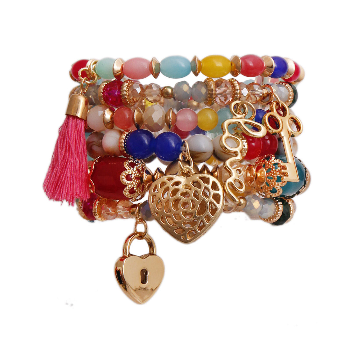 Love Charm Rainbow Bead Stretch Bracelet Set - Premium Wholesale Jewelry from Pinktown - Just $14! Shop now at chiquestyles