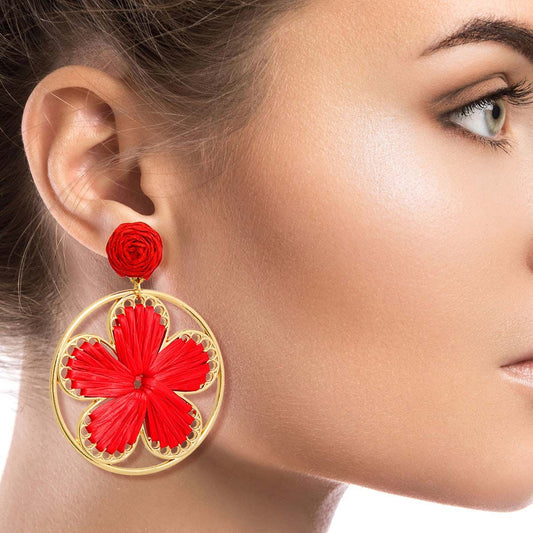 Red Raffia Flower Round Earrings|2.5 inches - Premium Wholesale Jewelry from Pinktown - Just $12! Shop now at chiquestyles