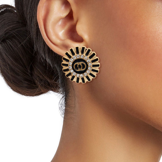 Gold and Black Lined Round Studs|1 inch - Premium Wholesale Jewelry from Pinktown - Just $11! Shop now at chiquestyles