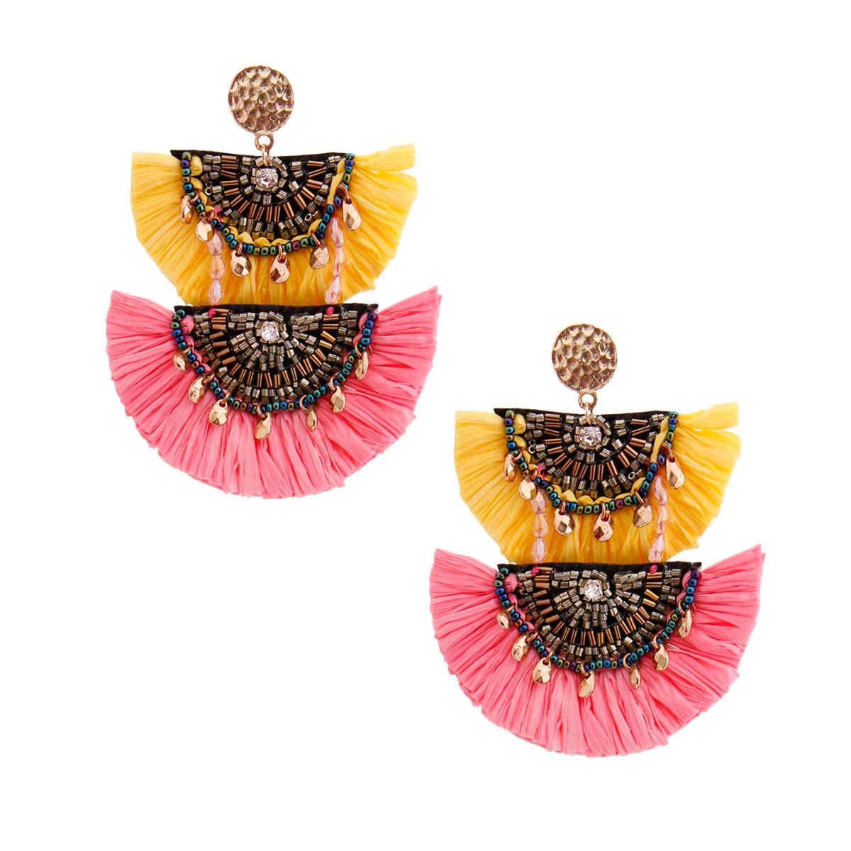 Yellow and Pink Raffia Tassel Earrings - Premium Wholesale Jewelry from Pinktown - Just $15! Shop now at chiquestyles