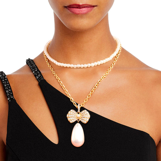 Double Layer Pearl Bow Gold Necklace|16 inches - Premium Wholesale Jewelry from Pinktown - Just $17! Shop now at chiquestyles