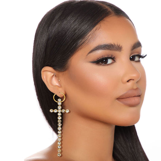 Gold Baby Hoop Earrings with Long Rhinestone Cross - Premium Wholesale Jewelry from Pinktown - Just $11! Shop now at chiquestyles