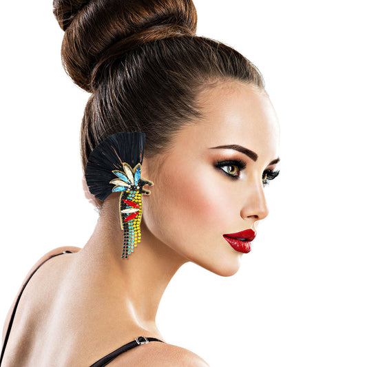Raffia and Rhinestone Macaw Earrings|4.25 inches - Premium Wholesale Jewelry from Pinktown - Just $28! Shop now at chiquestyles