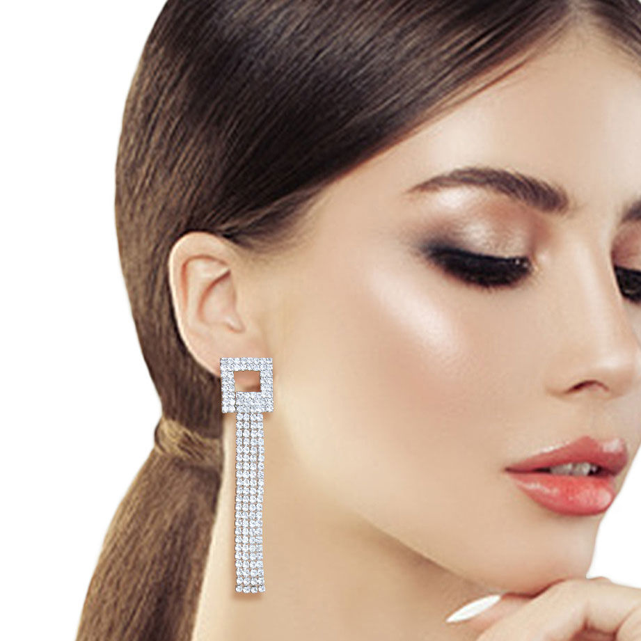 Silver Square Rhinestone Fringe Earrings|3 inches - Premium Wholesale Jewelry from Pinktown - Just $10! Shop now at chiquestyles