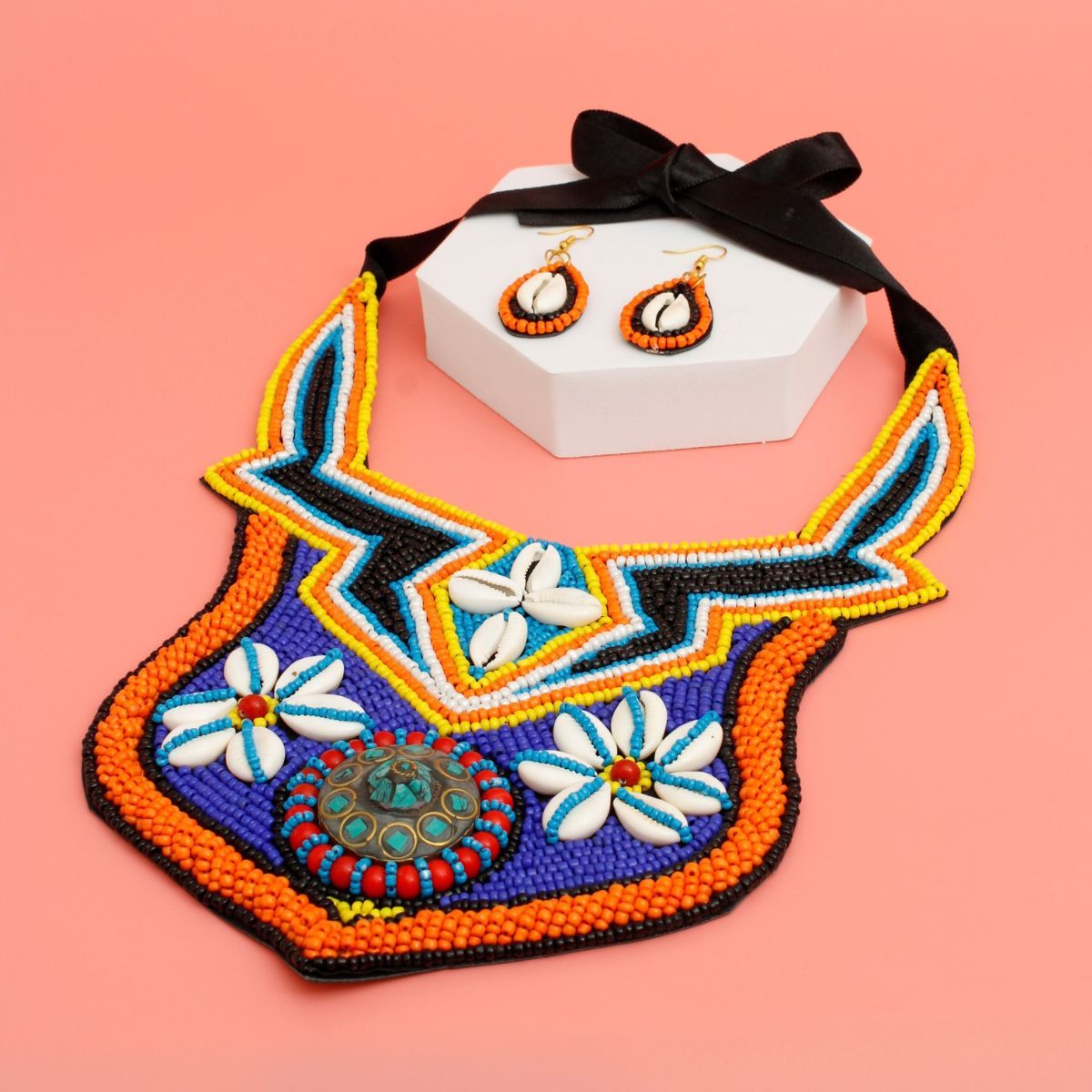 Multi Color Bead Bib Necklace Set with Cowrie Shell and Mosaic Detail|18 inches - Premium Wholesale Jewelry from Pinktown - Just $52! Shop now at chiquestyles