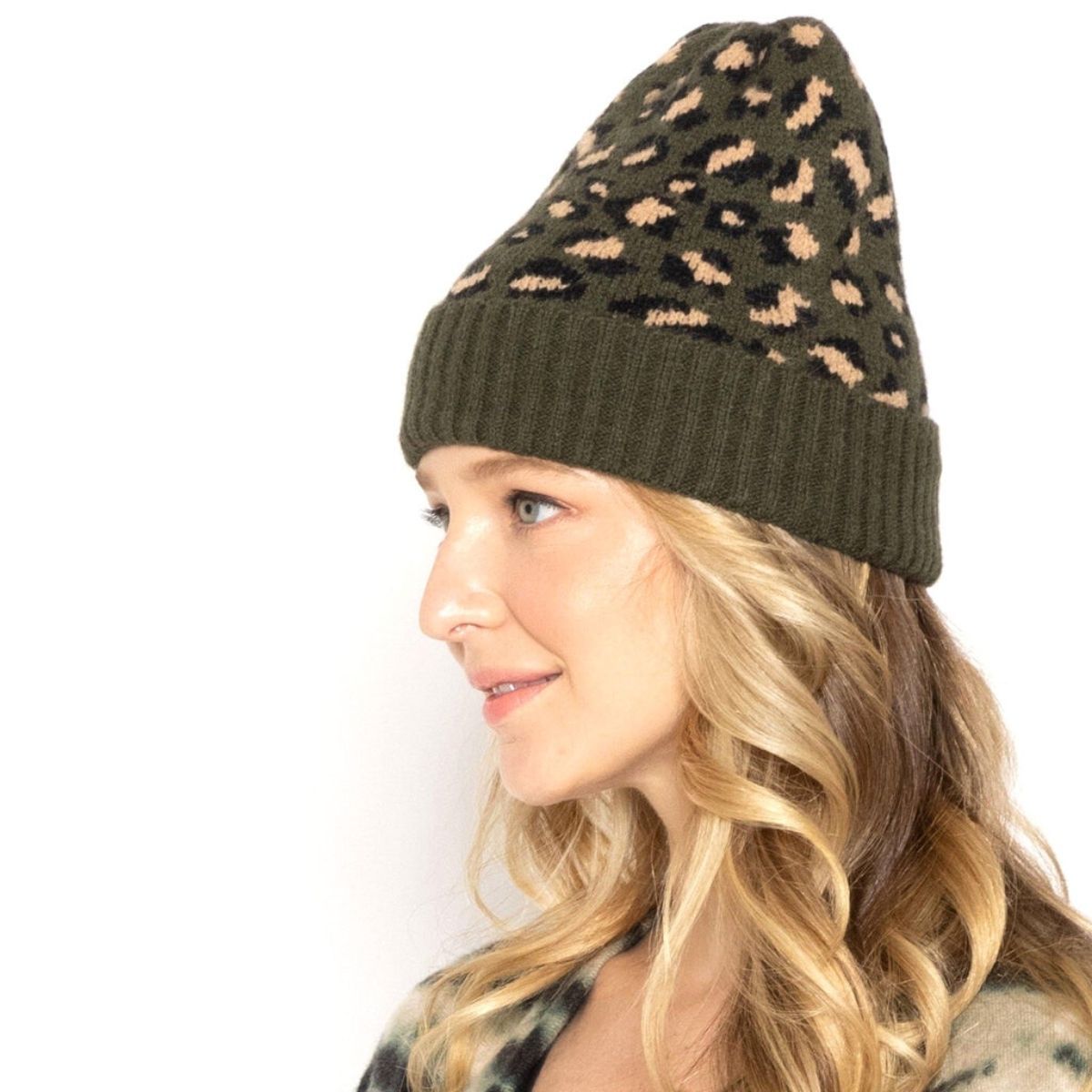 Olive Leopard Cuff Beanie|Stretch to Fit - Premium Wholesale Fashion Accessories from Pinktown - Just $14! Shop now at chiquestyles