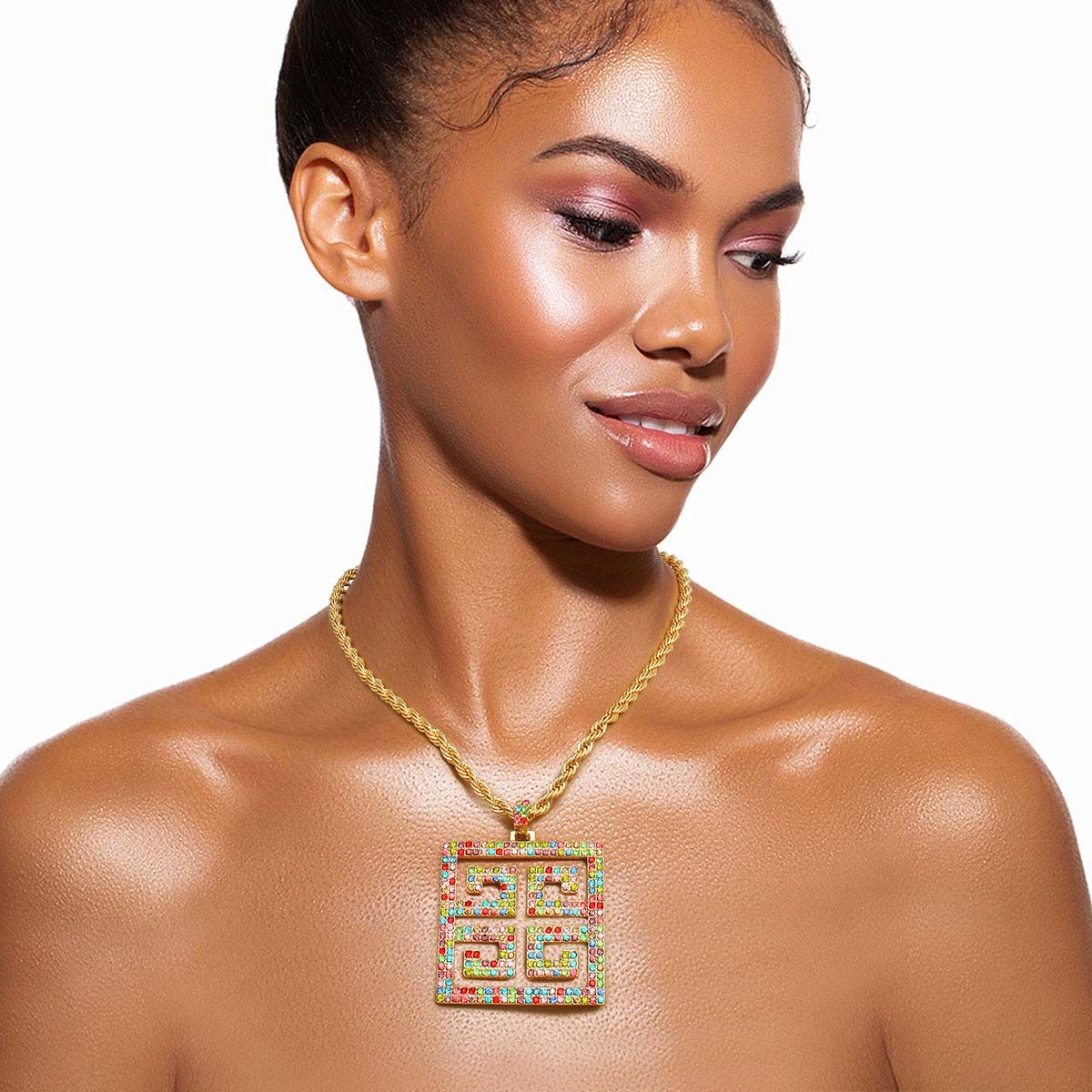 Multi Color Greek Key Pendant Necklace|18 inches - Premium Wholesale Jewelry from Pinktown - Just $17! Shop now at chiquestyles