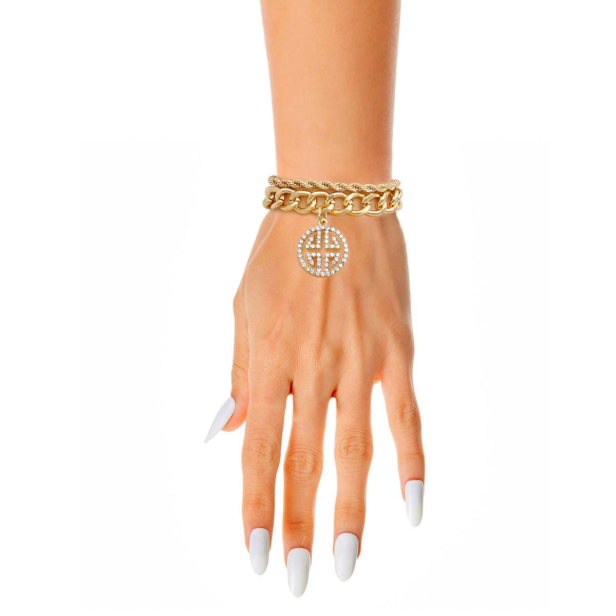 Double Layer Gold Greek Charm Bracelet|8 inches - Premium Wholesale Jewelry from Pinktown - Just $12! Shop now at chiquestyles