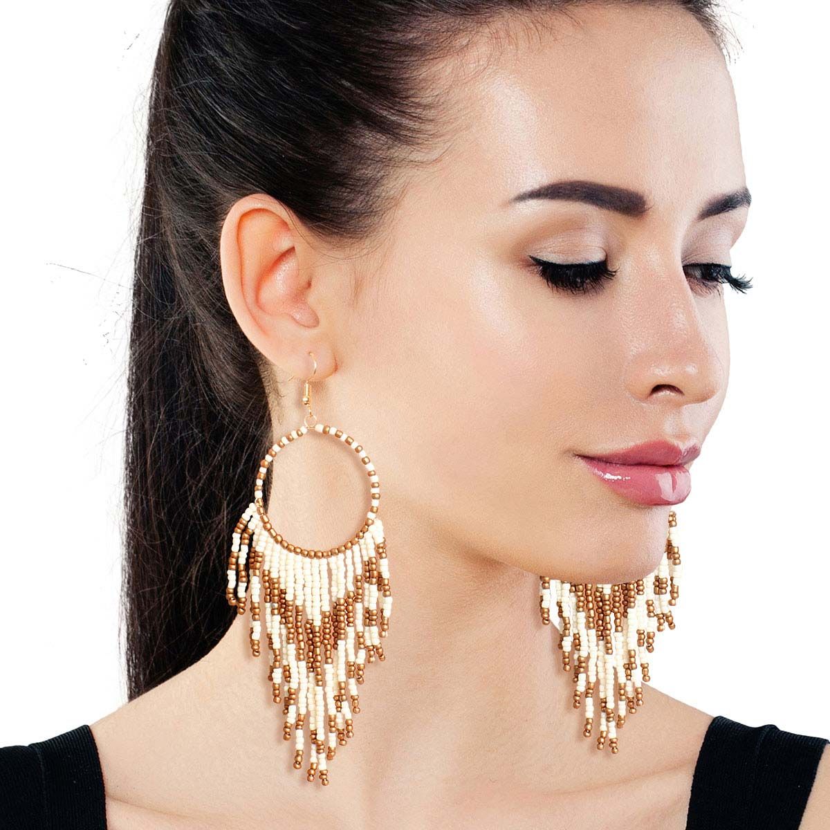 Cream and Gold Bead Fringe Circle Earrings|4.5 inches - Premium Wholesale Jewelry from Pinktown - Just $15! Shop now at chiquestyles