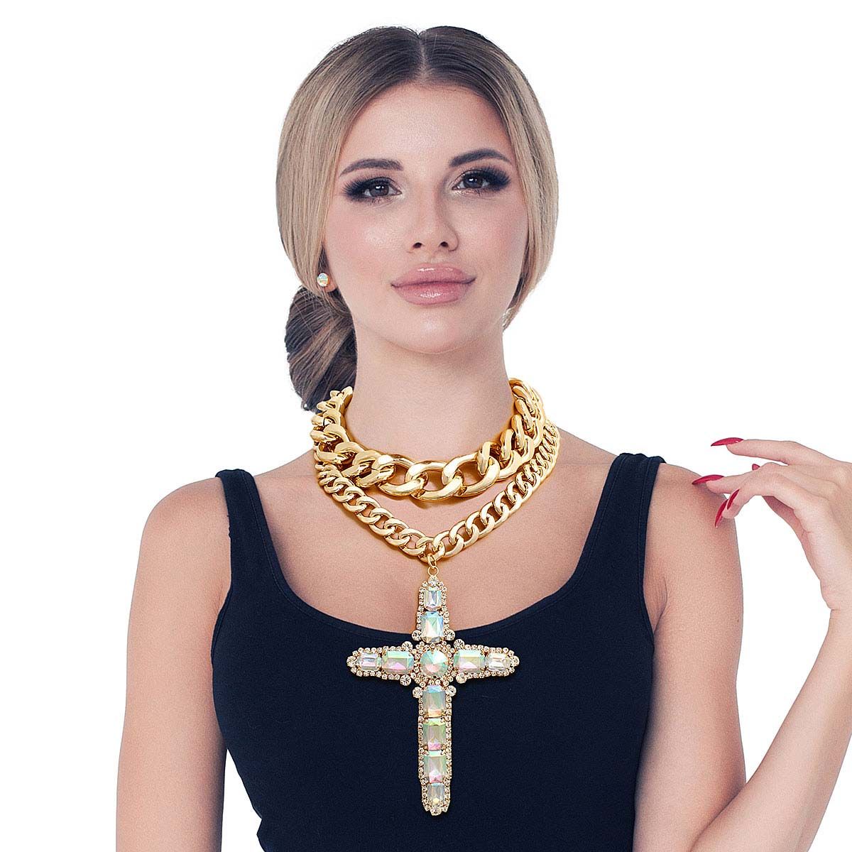 Chunky Aurora Borealis Jumbo Cross Necklace - Premium Wholesale Jewelry from Pinktown - Just $30! Shop now at chiquestyles