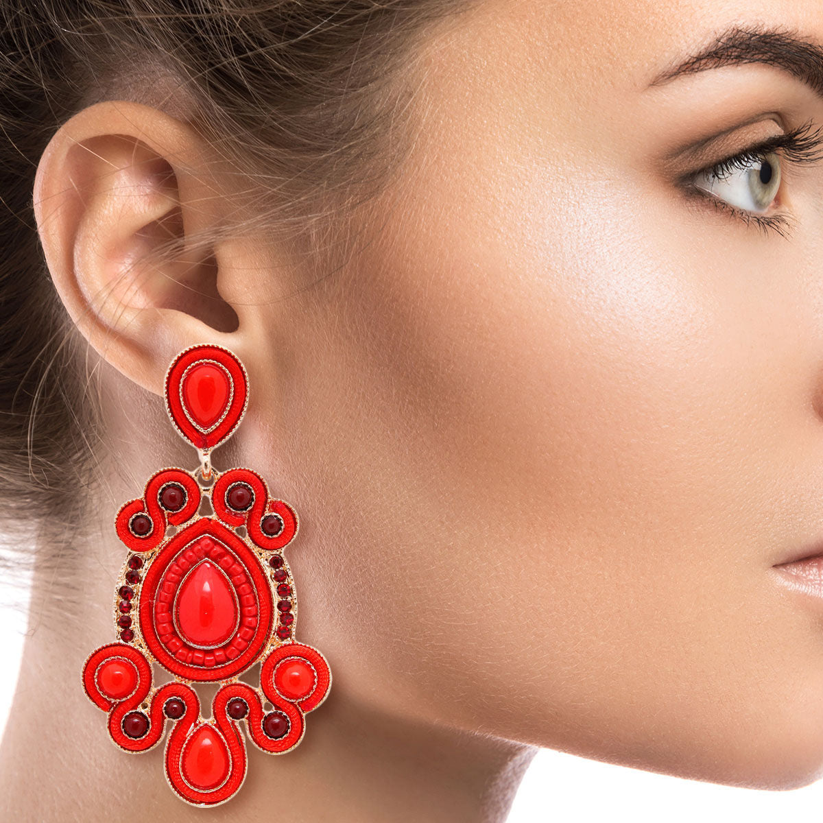 Gold and Red Soutache Earrings|3.15 inches - Premium Wholesale Jewelry from Pinktown - Just $12! Shop now at chiquestyles