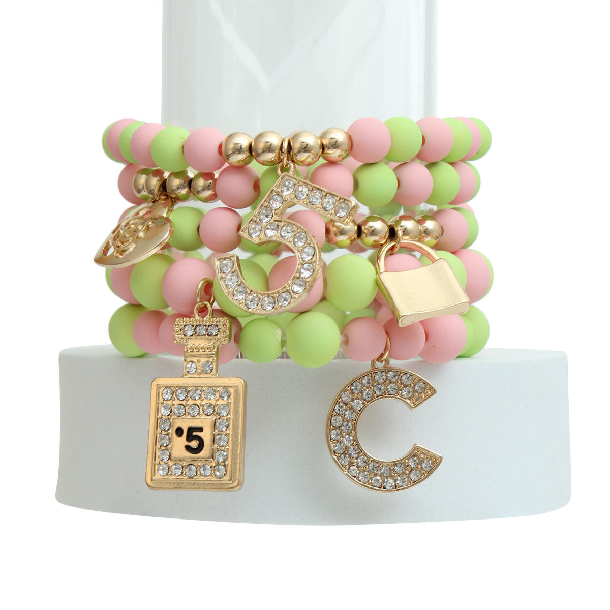 Matte Pink and Green Boutique Charm Bracelets|Stretch to Fit - Premium Wholesale Jewelry from Pinktown - Just $19! Shop now at chiquestyles