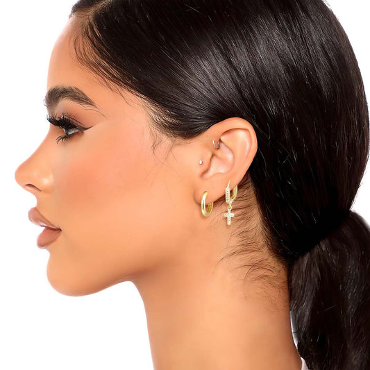 CZ Pave Huggie Hoop Cross Ear Cuff Set|.5 inches - Premium Wholesale Jewelry from Pinktown - Just $10! Shop now at chiquestyles