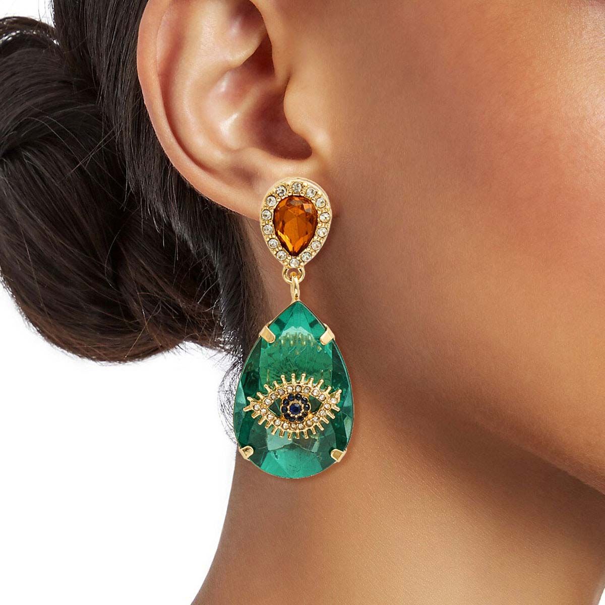 Green Crystal Teardrop Evil Eye Earrings - Premium Wholesale Jewelry from Pinktown - Just $17! Shop now at chiquestyles