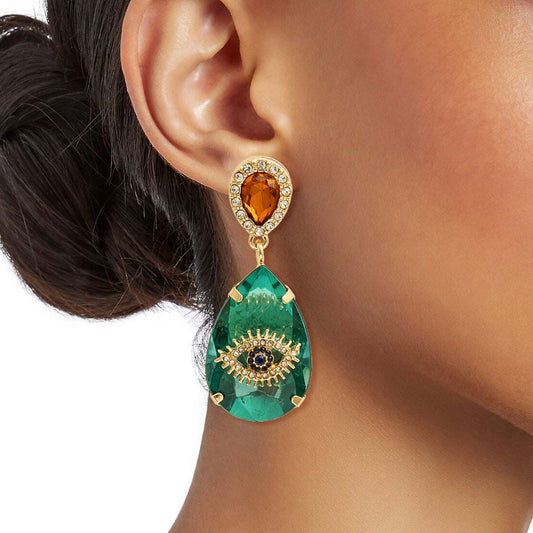Green Crystal Teardrop Evil Eye Earrings|2 inches - Premium Wholesale Jewelry from Pinktown - Just $17! Shop now at chiquestyles