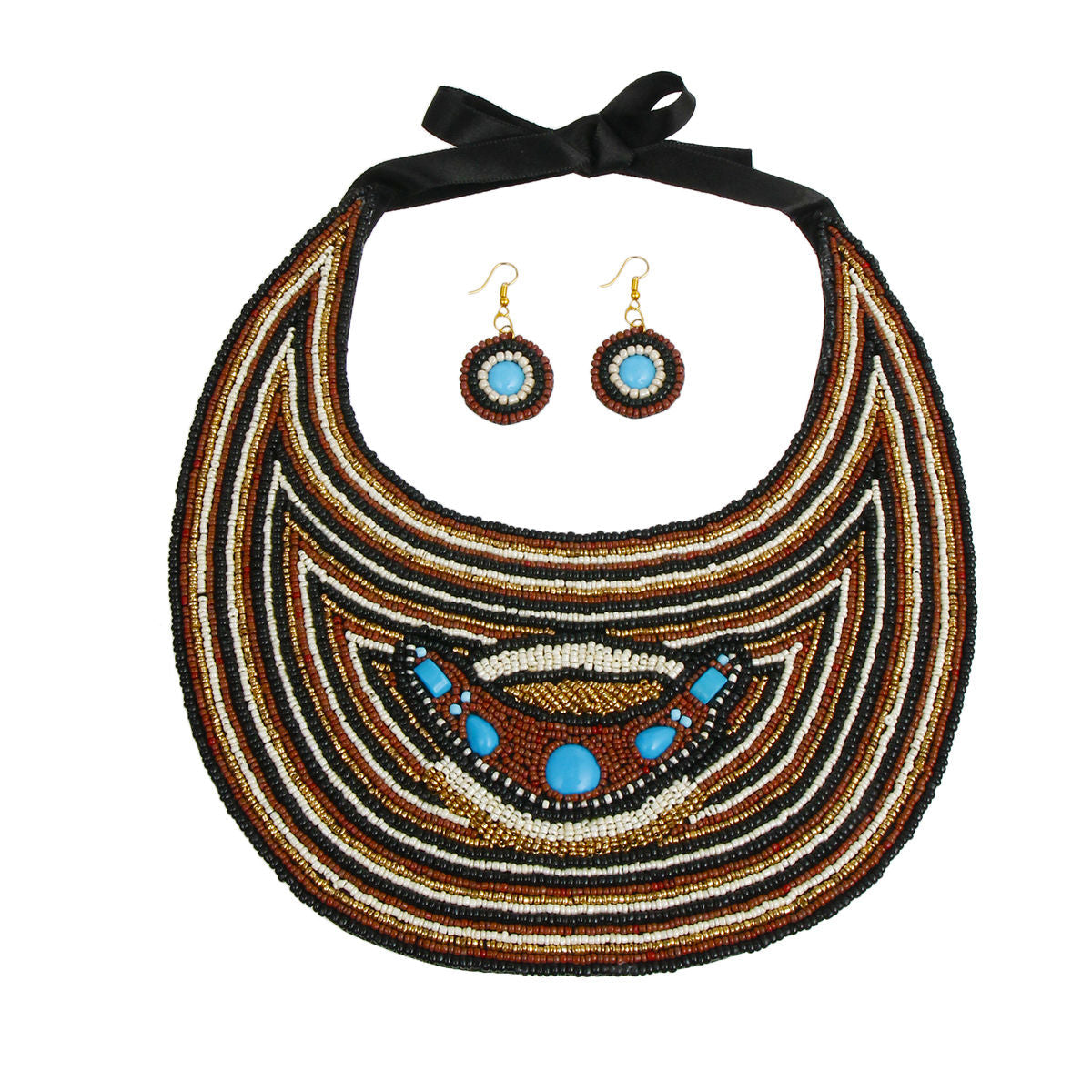 Brown, Black, and Cream Beaded Bib Necklace Set Featuring Light Blue Detail|18 inches - Premium Wholesale Jewelry from Pinktown - Just $50! Shop now at chiquestyles