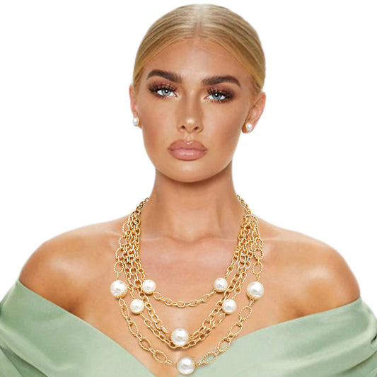 Cream Pearl 4 Layer Chain Link Necklace|22 inches - Premium Wholesale Jewelry from Pinktown - Just $19! Shop now at chiquestyles