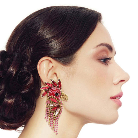 Pink Rhinestone and Bead Macaw Earrings|3.25 inches - Premium Wholesale Jewelry from Pinktown - Just $15! Shop now at chiquestyles