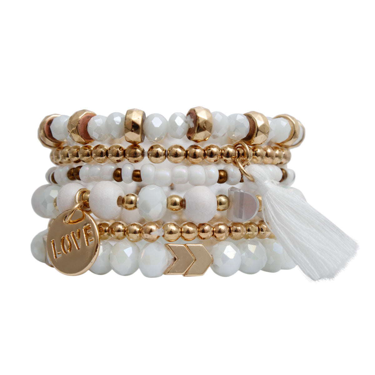 White Glass Love 6 Pcs Bracelets|Stretch to Fit - Premium Wholesale Jewelry from Pinktown - Just $13! Shop now at chiquestyles