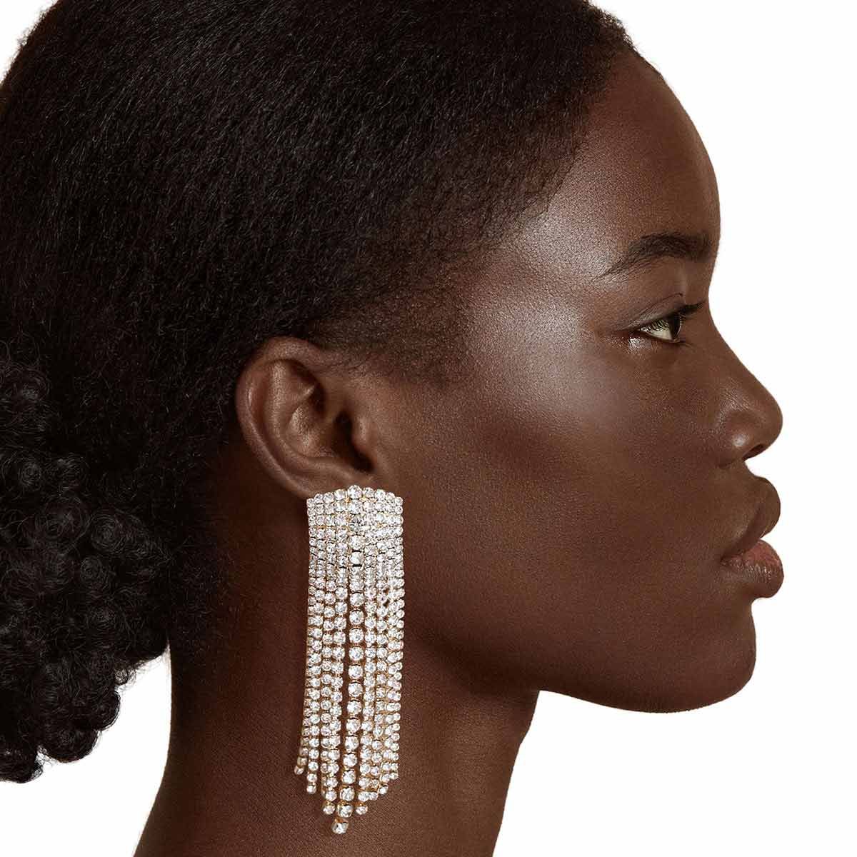 Gold Rectangle Iced Fringe Earrings - Premium Wholesale Jewelry from Pinktown - Just $11! Shop now at chiquestyles