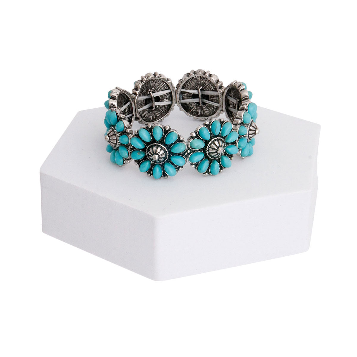 Turquoise Bead Engraved Silver Bracelet|Stretch to Fit - Premium Wholesale Jewelry from Pinktown - Just $17! Shop now at chiquestyles