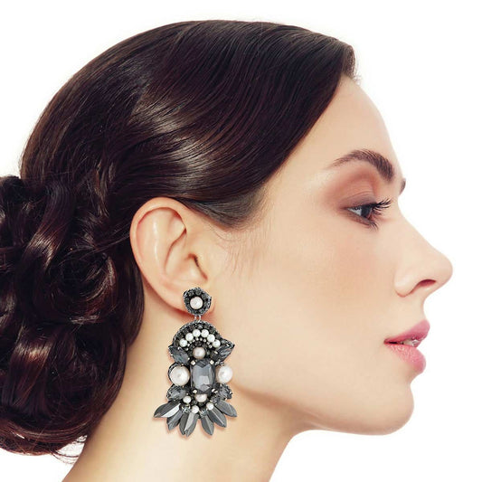 Embroidered Pearl Black Stone Earrings|2.25 inches - Premium Wholesale Jewelry from Pinktown - Just $12! Shop now at chiquestyles