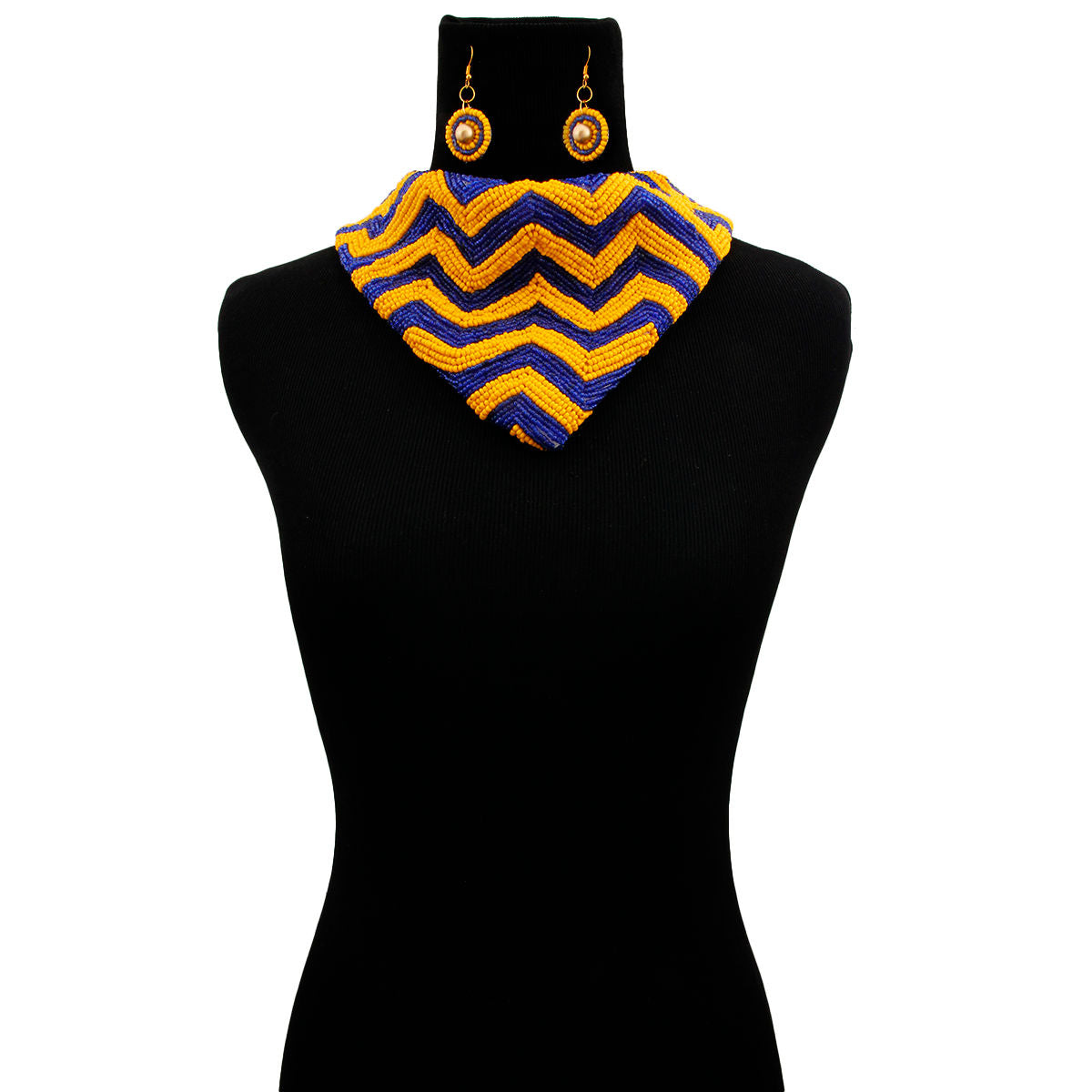 Handmade Embroidered Scarf Necklace Set with Chevron Pattern Yellow and Blue Beads|22 inches - Premium Wholesale Boutique Clothing from Pinktown - Just $48! Shop now at chiquestyles