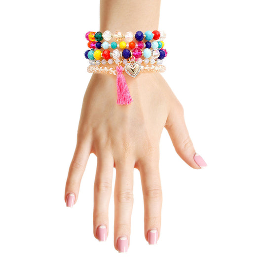 Rainbow 5 Pcs Heart Tassel Bracelets|Stretch to Fit - Premium Wholesale Jewelry from Pinktown - Just $13! Shop now at chiquestyles